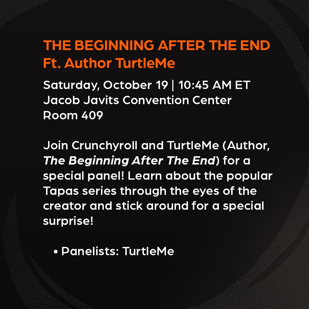 Join me at my panel with <a href="/Crunchyroll/">Crunchyroll</a> at NYCC! 

More NYCC events and announcements coming soon with <a href="/yenpress/">Yen Press</a> and <a href="/tapas_app/">Tapas</a>! Plus, we’ll be releasing TBATE Season 6 sneak peek panels on 9/21 and the cover reveal &amp; release date on 9/24.