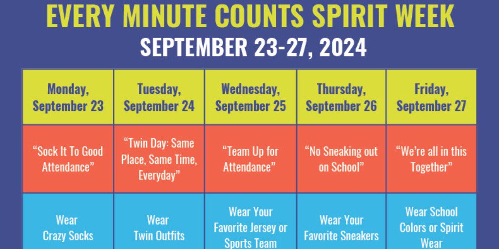 September is Attendance Awareness Month! CPHS will celebrate the importance of school attendance the week of September 23rd during Spirit Week! See the attached flyer and make plans to show your school spirit in support of Attendance Awareness Month.🎉🎉🎉 #EveryMinuteCounts
