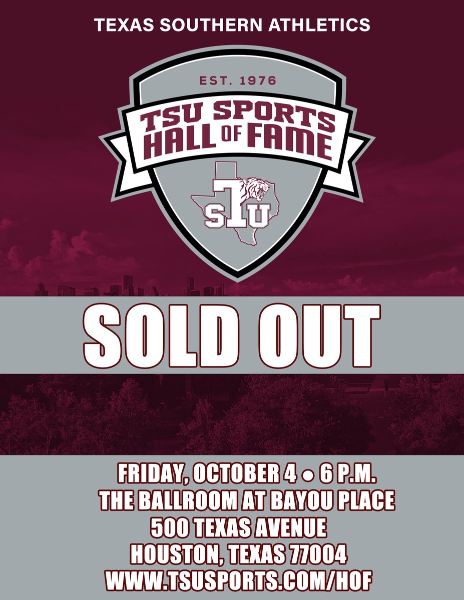 Texas Southern University (TSU) Athletics (@txsotigers) on Twitter photo The 2024 <a href="/TexasSouthern/">Texas Southern University</a> Sports Hall of Fame Ceremony has sold out. The ceremony, which will take place on Friday, Oct. 4 at the Ballroom at Bayou Place in Downtown Houston, returns after a 28-year hiatus and will honor 24 former TSU student-athletes, coaches and contributors. The 2024 <a href="/TexasSouthern/">Texas Southern University</a> Sports Hall of Fame Ceremony has sold out. The ceremony, which will take place on Friday, Oct. 4 at the Ballroom at Bayou Place in Downtown Houston, returns after a 28-year hiatus and will honor 24 former TSU student-athletes, coaches and contributors.