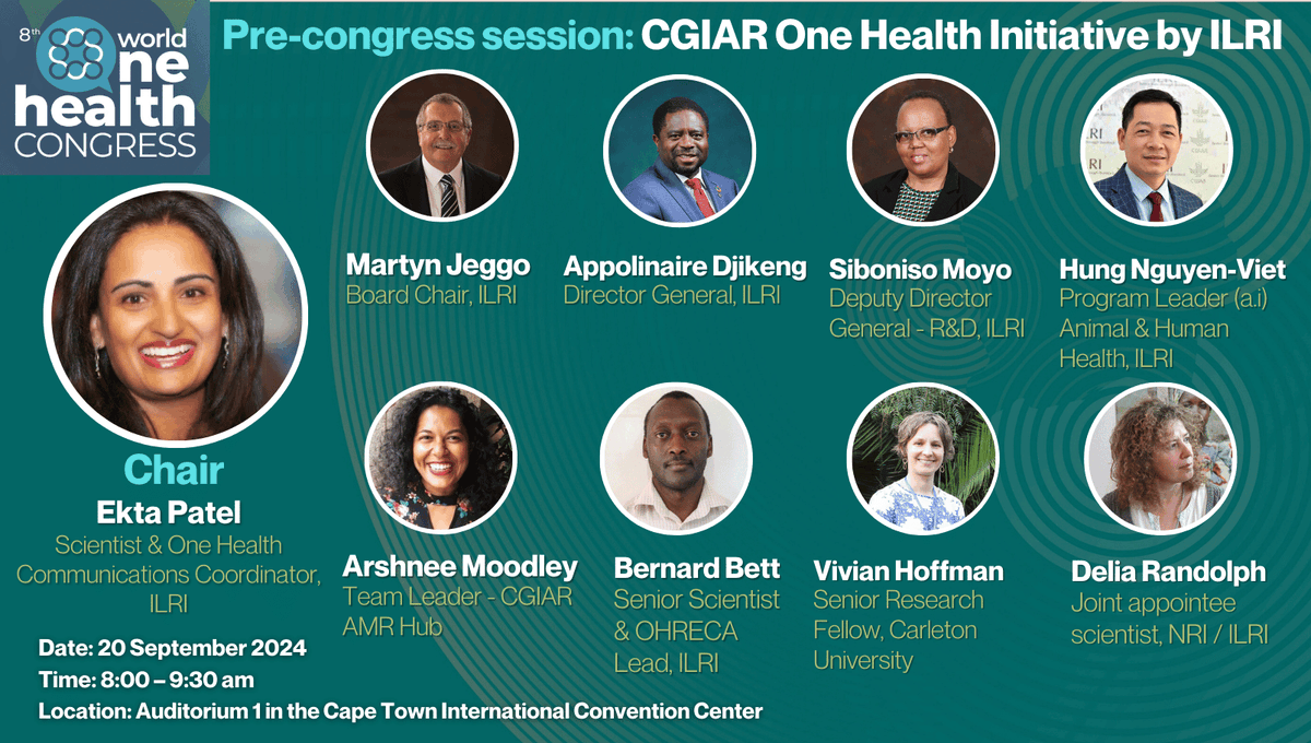 Are you in #CapeTown 🇿🇦 for #WOHC2024? Don’t miss today's pre-congress session on the <a href="/CGIAR/">CGIAR</a> #OneHealth Initiative by <a href="/ILRI/">ILRI.org</a>, from 8:00-9:30 AM!

globalohc.org/8WOHC

<a href="/WOHCongress/">World One Health Congress</a>
<a href="/GlobalOHC/">Global One Health Community</a>

#COHESA
@arshneeM
<a href="/ehpatel/">Ekta Patel</a>
<a href="/ADjikeng/">Prof. Appolinaire Djikeng</a>
@hung_cenpher
<a href="/bett_bk/">Bernard Bett</a>