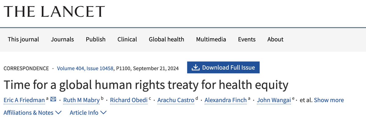 Arachu Castro (@arachucastro) on Twitter photo Attention #UNSummitoftheFuture, it's time for a global human rights treaty for health equity. #UNGA2024. <a href="/fcghalliance/">FCGH Alliance</a> <a href="/RAES_HENA/">Health Equity Network of the Americas</a>
thelancet.com/journals/lance… Attention #UNSummitoftheFuture, it's time for a global human rights treaty for health equity. #UNGA2024. <a href="/fcghalliance/">FCGH Alliance</a> <a href="/RAES_HENA/">Health Equity Network of the Americas</a>
thelancet.com/journals/lance…
