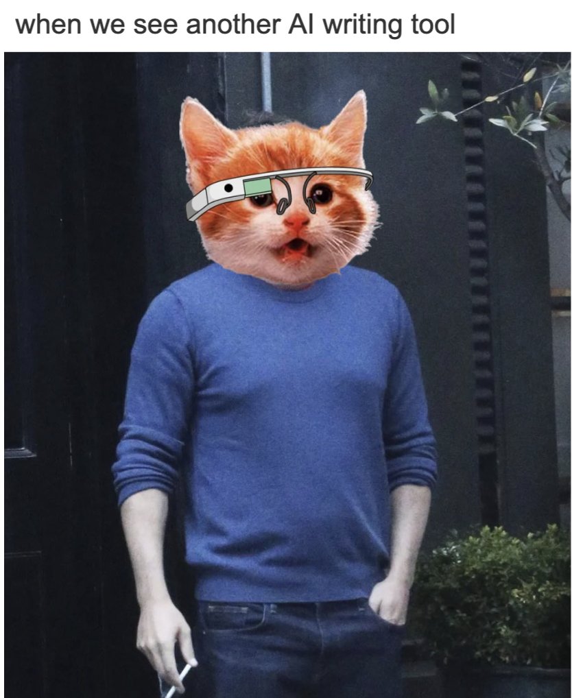 ProductHunt's tweet photo. No more AI writing tools. More human writing tools plz. That is all. 

- Ben "Product Kitty" Affleck https://t.co/UGQrbWdZuK
