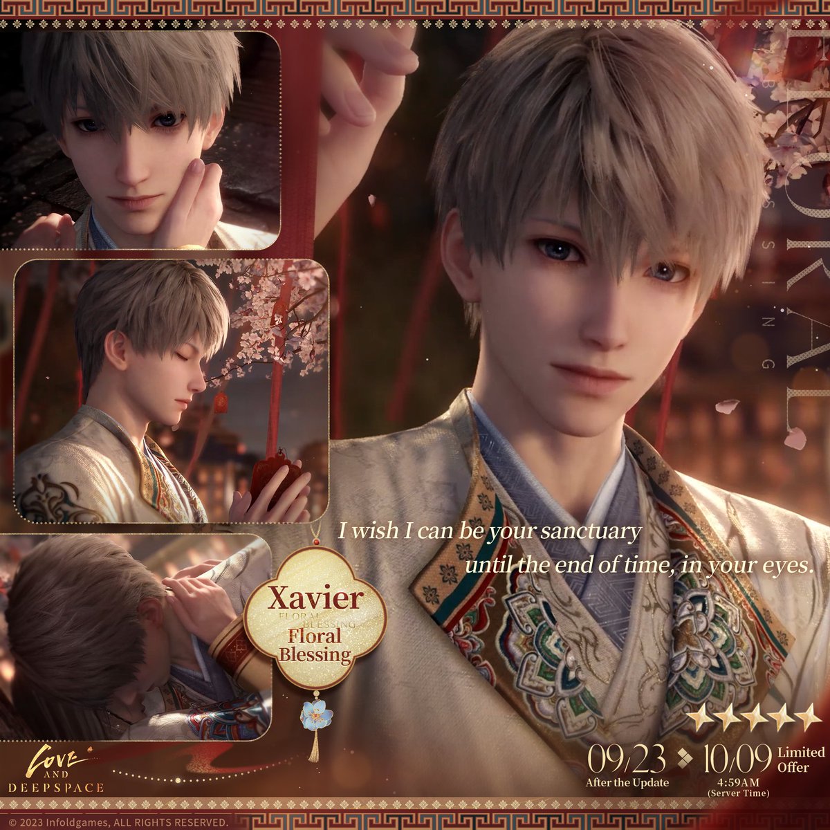 Love_Deepspace's tweet image. Love and Deepspace | Xavier: Floral Blessing
Xavier's New 5-Star Memory Coming Soon🏞
As your eyes find him through the bustling crowd, you realize he's already looking your way.
A flower petal lands on the umbrella as he softly whispers a wish for the one he loves.
"I wish I…