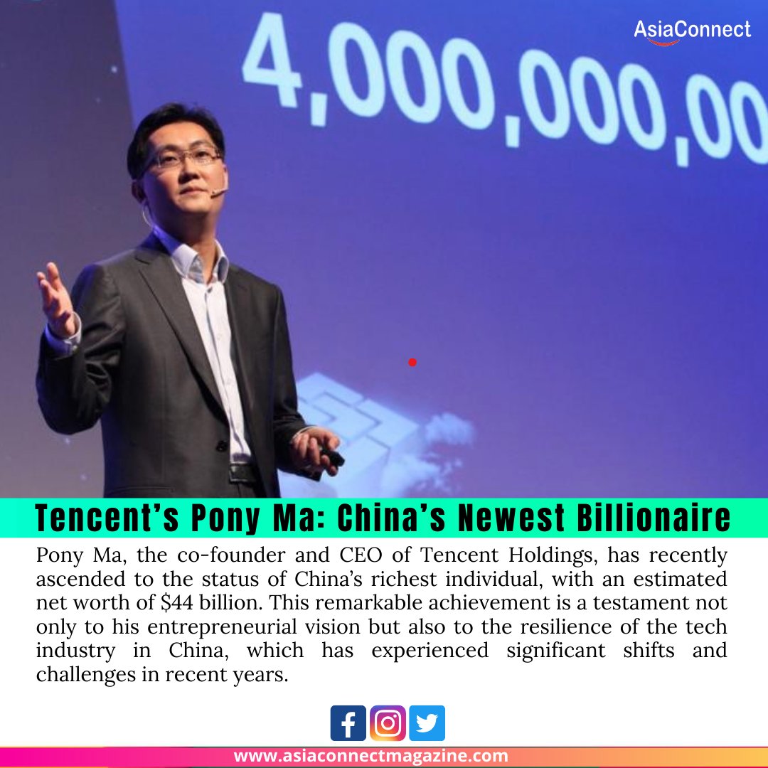 asiaconnectmag's tweet image. Pony Ma, the co-founder and CEO of Tencent Holdings, has recently ascended to the status of China’s richest individual, with an estimated net worth of $44 billion.

Read More :- asiaconnectmagazine.com/tencents-pony-…

#PonyMa #Tencent #TechMogul #ChinaRichest #Innovation #Entrepreneurship