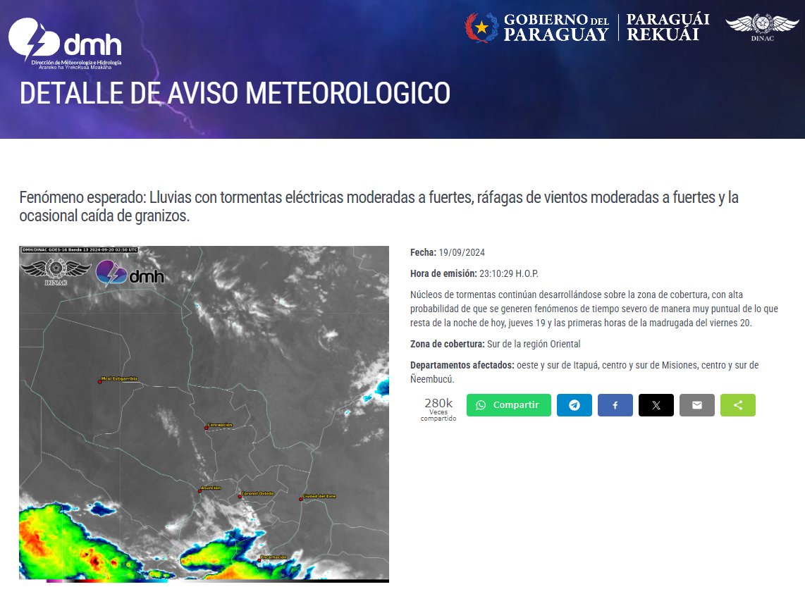 Aviso Meteorológico N°: 947/2024 Emitido.
Enlace: meteorologia.gov.py/avisos/
Fecha: 19/09/2024
Hora: 23:10 h.