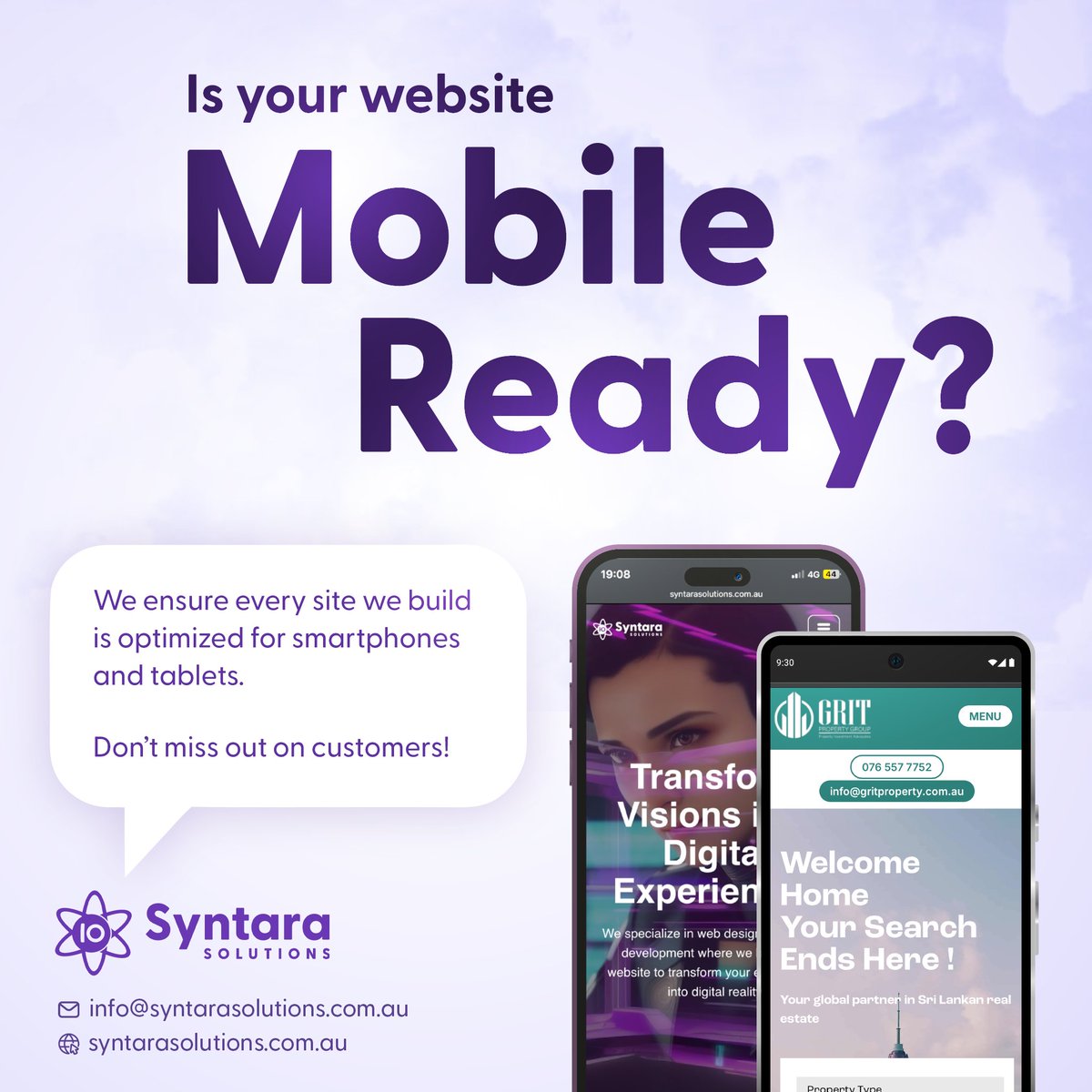SyntaraS's tweet image. With over half of web traffic coming from mobile devices, we ensure every site we build is optimized for smartphones and tablets.
Don’t miss out on customers!

#MobileFriendlyWebsite #StartupWebDev