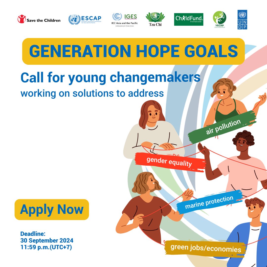YECAP_AP's tweet photo. 📢 Attention young #changemakers aged 16-24!

🌳 Are you working on solutions to address air pollution, gender equality, green jobs/economies or marine protection?

Apply now ➡️ https://t.co/F589XhkRSI

🤝@sciasianews @UNDPasiapac  @UNFCCC @ChildFundAsia @UNESCAP 

#APFSD #Youth https://t.co/HDOzdxJdKa