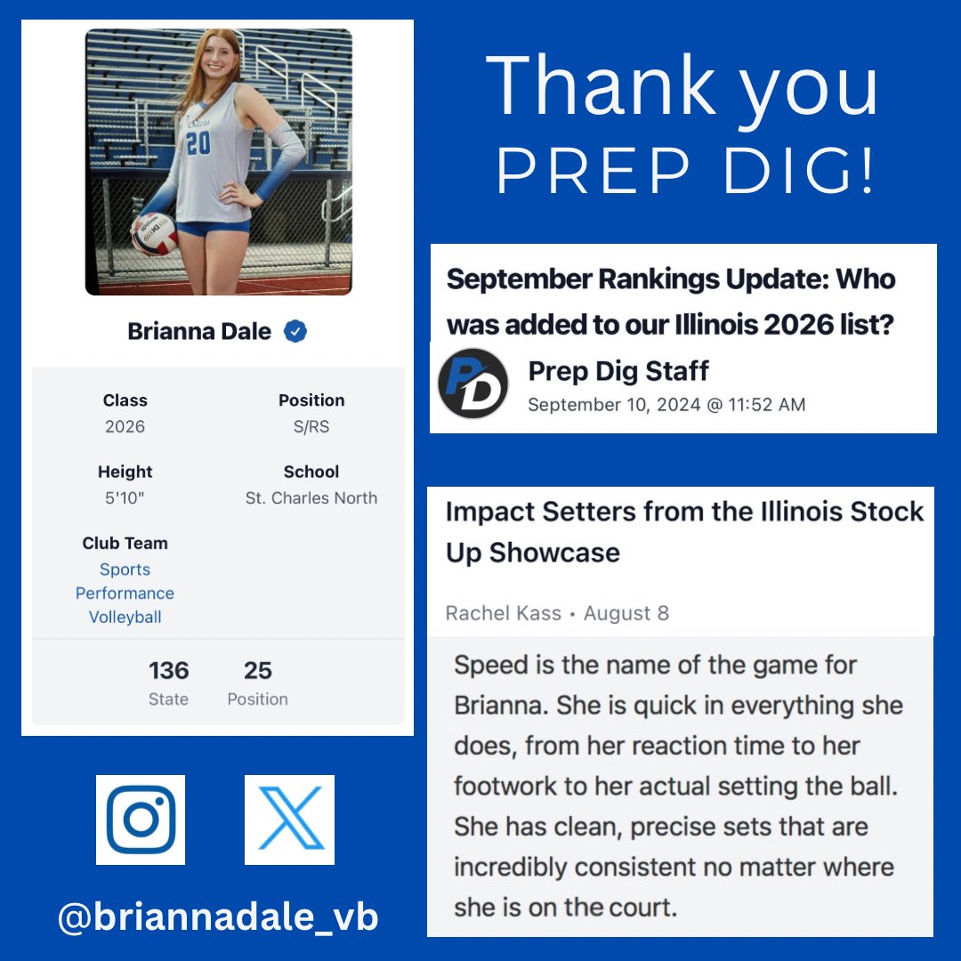 Brianna Dale (@briannadale_vb) on Twitter photo Thank you <a href="/PrepDig/">Prep Dig 🏐</a> and <a href="/prepdigil/">Prep Dig Illinois</a> for including me in the September Rankings Update: Who was added to our Illinois 2026 list? prepdig.com/2024/09/septem…
<a href="/SPVBinc/">Sports Performance</a> <a href="/SCNGVB/">SCN Girls Volleyball</a> <a href="/briannadale_vb/">Brianna Dale</a>
#girlsvolleyball #uncommitted Thank you <a href="/PrepDig/">Prep Dig 🏐</a> and <a href="/prepdigil/">Prep Dig Illinois</a> for including me in the September Rankings Update: Who was added to our Illinois 2026 list? prepdig.com/2024/09/septem…
<a href="/SPVBinc/">Sports Performance</a> <a href="/SCNGVB/">SCN Girls Volleyball</a> <a href="/briannadale_vb/">Brianna Dale</a>
#girlsvolleyball #uncommitted