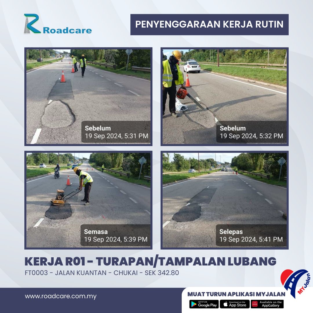 Roadcare Kuantan (@rckuantan) on Twitter photo 19 SEPTEMBER 2024
KERJA KERJA PENYENGGARAAN RUTIN R-01 TURAPAN/PENAMPALAN POTHOLE (Pothole-Hotmix)
FT 0003 - JALAN KUANTAN - CHUKAI
Section 342.80
<a href="/JKRPAHANG/">JKR PAHANG</a> <a href="/JkrKuantan/">JKR Daerah Kuantan</a> <a href="/mbkuantan/">MBKuantan</a> <a href="/Roadcare_Phg/">ROADCARE PAHANG</a> <a href="/Roadcare_HQ/">ROADCARE (M) SDN BHD</a> <a href="/JKRMalaysia/">JKR Malaysia</a> 19 SEPTEMBER 2024
KERJA KERJA PENYENGGARAAN RUTIN R-01 TURAPAN/PENAMPALAN POTHOLE (Pothole-Hotmix)
FT 0003 - JALAN KUANTAN - CHUKAI
Section 342.80
<a href="/JKRPAHANG/">JKR PAHANG</a> <a href="/JkrKuantan/">JKR Daerah Kuantan</a> <a href="/mbkuantan/">MBKuantan</a> <a href="/Roadcare_Phg/">ROADCARE PAHANG</a> <a href="/Roadcare_HQ/">ROADCARE (M) SDN BHD</a> <a href="/JKRMalaysia/">JKR Malaysia</a>