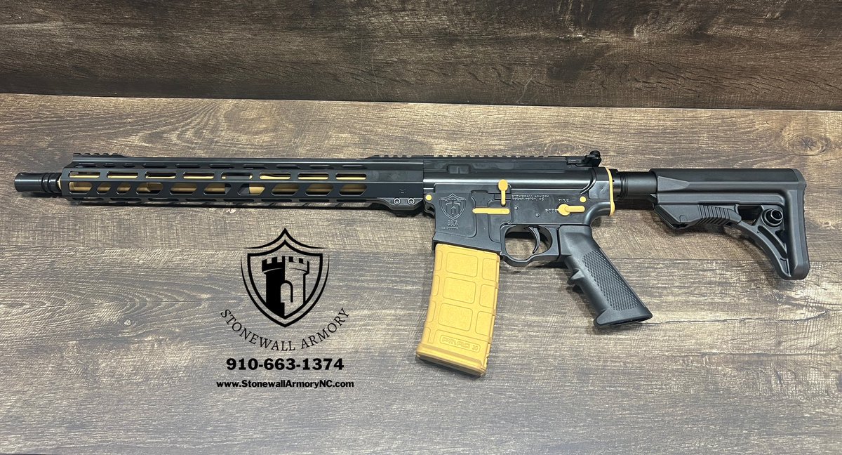 SWArmoryNC's tweet photo. Today’s gun of the day. SA15 in @Cerakote E-100 Blackout with H-122 Gold accents. #StonewallArmory #StonewallArmoryBuiltForTheBold 
@MrColionNoir @Guns_com @Mrgunsngear https://t.co/zDjh6lwmC2