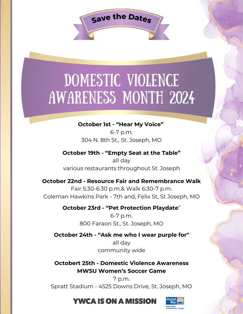 The YWCA has some amazing events coming up in Saint Joe for Domestic Violence Awareness Month. Mark some of these dates in your calendar and come out to help spread awareness to an important topic.
