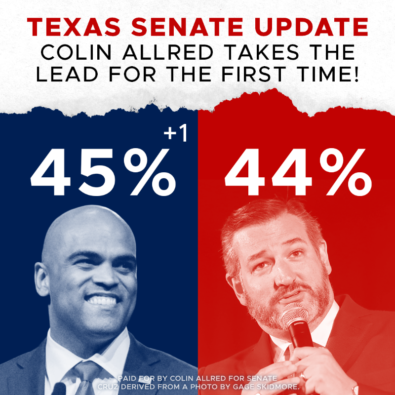 ColinAllredTX's tweet photo. Colin Allred here: A new poll JUST came out showing me leading by 1 point for the first time in this campaign! 

Will you chip in right now to help me keep the lead and defeat Ted Cruz?