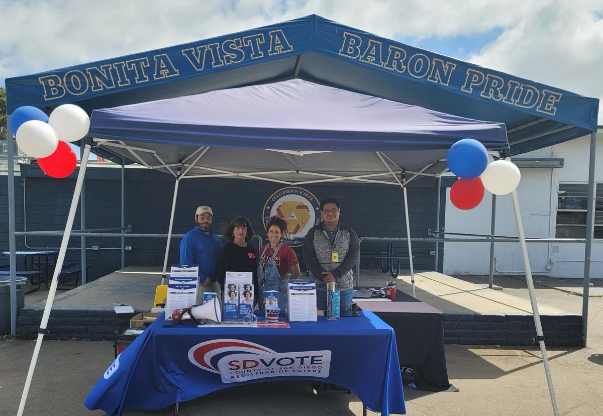 SDVOTE's tweet photo. It's High School Voter Education Week! 🎉 

Our Voter Outreach Team visited Bonita High School to inform students about pre-registration. Eligible 16 and 17-year-olds who pre-register to vote will have their registration become active once they turn 18. #SDVOTE https://t.co/Kt1QUnhv58