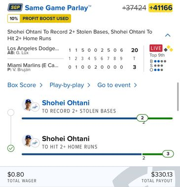 br_betting's tweet photo. THIS OHTANI SAME GAME PARLAY IS INSANE 🤯

2+ SB ✅
2+ HR ✅

LEGENDARY.

(IG: tooeasyparlays @fdsportsbook) https://t.co/uhY6G8nzvd