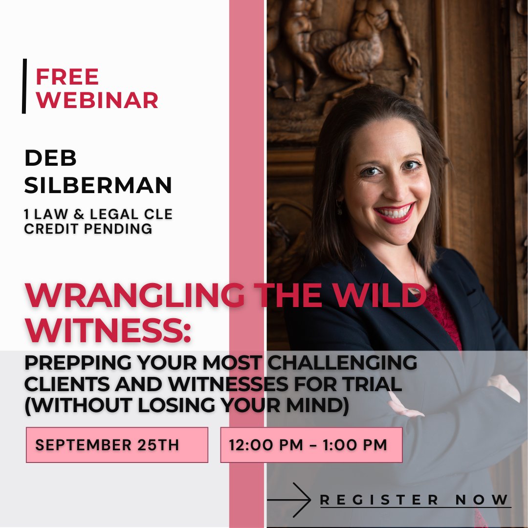 Join us on Sept 25 for an insightful CLE webinar with attorney Deb Silberman. Learn how to prep even the most challenging clients and witnesses for trial! 

📅 September 25, 2024
🕛 12 pm – 1 pm
💻 Register now: bit.ly/4d8ik2A

#CLE #WitnessPrep