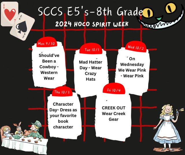 DieckSCCS's tweet photo. We look forward to celebrating our school spirit with you! Spirit Week Themes Homecoming 2024. https://t.co/xVKSLwuDp8
