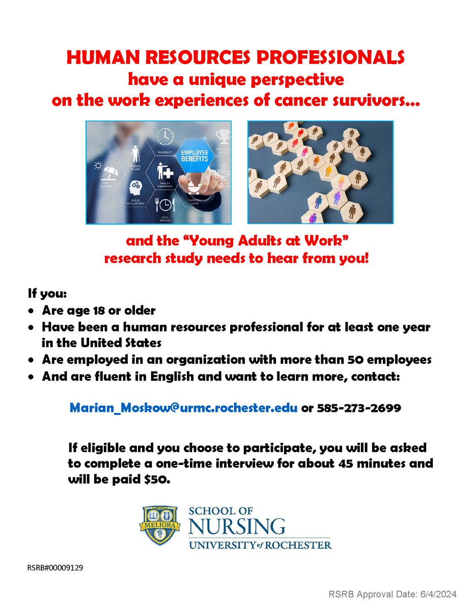 A cancer &amp; employment study opportunity for both #HumanResources professionals and #employers? 
Yes!! We want to hear from you as part of our efforts to support young adult cancer survivors at #work. 
Contact our Project Manager to find out more &amp; see if you're eligible. #ayacsm