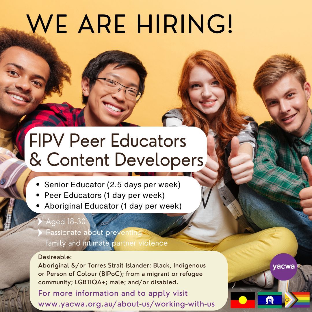 📣 Peer Educator opportunities 📣 

<a href="/yacwa/">YACWA</a> is launching a new Family and Intimate Partner Violence (FIPV) peer project to prevent FIPV and are looking to hire new peer roles! 
 
For more information and to apply, visit YACWA's website 👉 buff.ly/3O2p1re