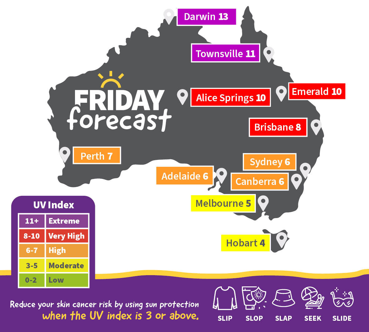 ARPANSANews's tweet image. Our #FridayForecast shows the expected #UVIndex levels across Australia this weekend. When the UV Index is 3 or more before you head outdoors:

🧥Slip
🧴Slop
👒Slap
🌴Seek
🕶️Slide 

#sunsafety #SlipSlopSlapSeekSlide