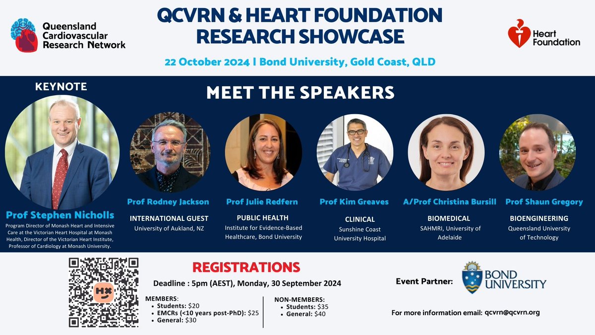 Institute for Evidence-Based Healthcare (@institute4ebh) on Twitter photo 📢 Reminder: Join <a href="/QCVRN/">Queensland Cardiovascular Research Network</a> and <a href="/heartfoundation/">Heart Foundation</a> for their 2024 #research showcase. Don’t miss this chance to connect with leading experts in #cardiovascular research! Reg closes 30 Sep at 5pm (AEST). 🔗events.humanitix.com/2024-qcvrn-and…
<a href="/JRedHeart/">Julie Redfern AM ♡</a> <a href="/SOLVECHD/">❤️SOLVECHD❤️</a> <a href="/BondUniversity/">Bond University</a> 📢 Reminder: Join <a href="/QCVRN/">Queensland Cardiovascular Research Network</a> and <a href="/heartfoundation/">Heart Foundation</a> for their 2024 #research showcase. Don’t miss this chance to connect with leading experts in #cardiovascular research! Reg closes 30 Sep at 5pm (AEST). 🔗events.humanitix.com/2024-qcvrn-and…
<a href="/JRedHeart/">Julie Redfern AM ♡</a> <a href="/SOLVECHD/">❤️SOLVECHD❤️</a> <a href="/BondUniversity/">Bond University</a>