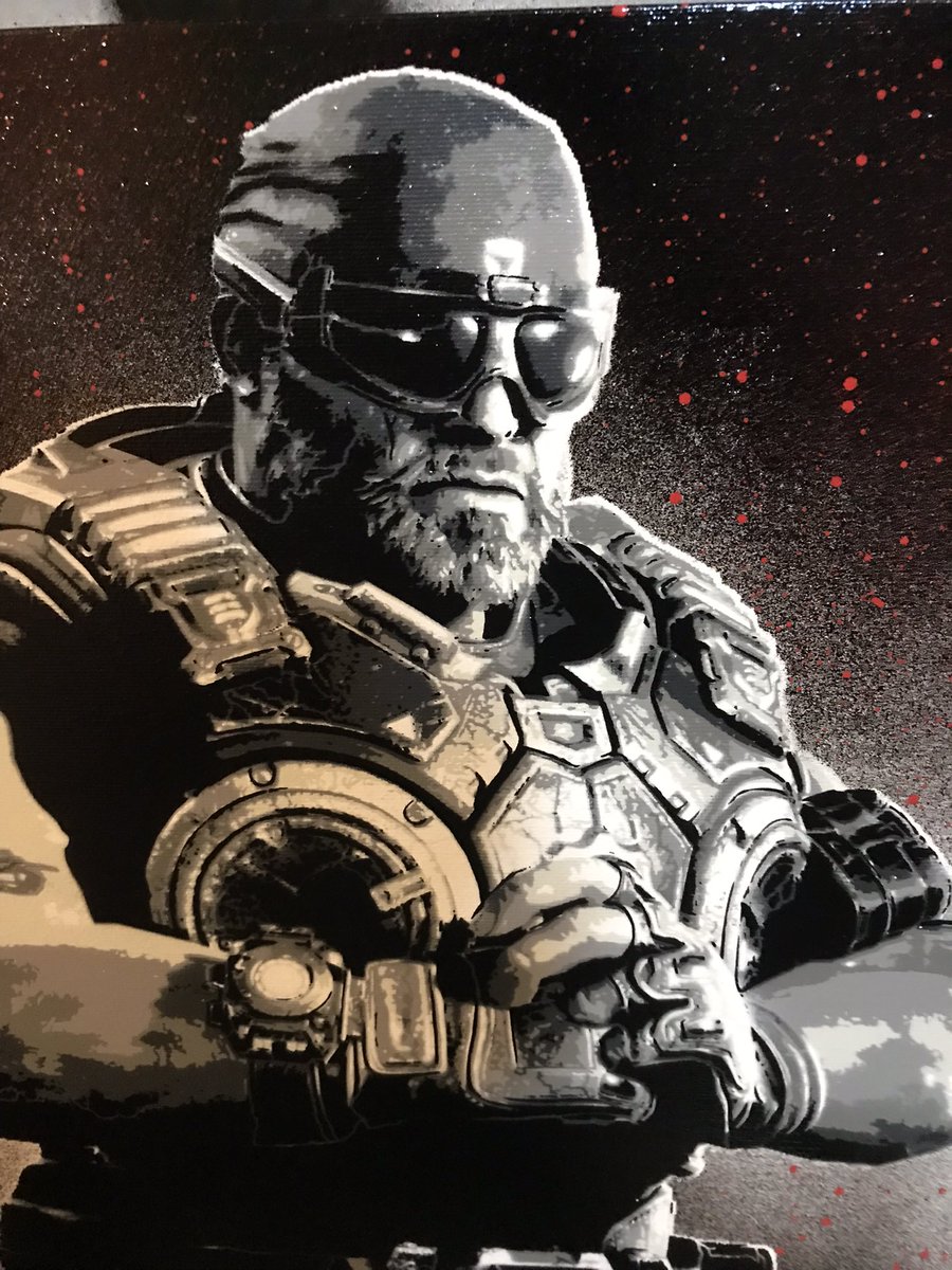 Bfl_Abdn's tweet image. A commission I just finished for a supporter of my twitch. 6 layer stencil, spraypaint on canvas board! #gears5 #gearsofwar #stencilart #marcusfenix