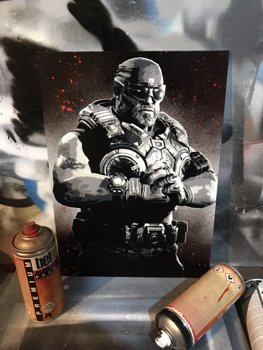 Bfl_Abdn's tweet image. A commission I just finished for a supporter of my twitch. 6 layer stencil, spraypaint on canvas board! #gears5 #gearsofwar #stencilart #marcusfenix
