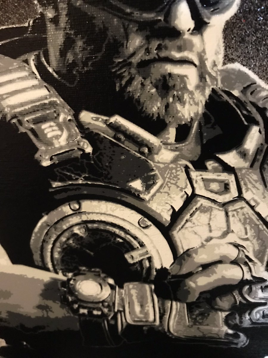 Bfl_Abdn's tweet image. A commission I just finished for a supporter of my twitch. 6 layer stencil, spraypaint on canvas board! #gears5 #gearsofwar #stencilart #marcusfenix