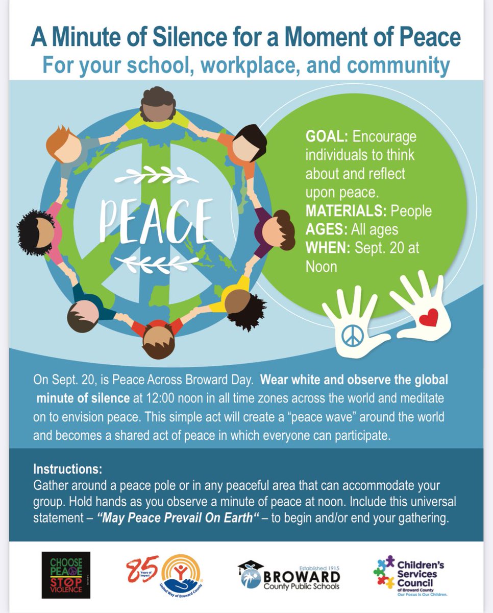 ChoozPeace (@choozpeace) on Twitter photo Join us tomorrow for a Minute of Silence for a Moment of Peace at 12:00 noon. For more information internationaldayofpeace.org/wp-content/upl… <a href="/browardschools/">Broward Schools</a> <a href="/UnitedWayBC/">United Way of Broward County</a> <a href="/CSCBroward/">CSC Broward</a> #leadingthechange Join us tomorrow for a Minute of Silence for a Moment of Peace at 12:00 noon. For more information internationaldayofpeace.org/wp-content/upl… <a href="/browardschools/">Broward Schools</a> <a href="/UnitedWayBC/">United Way of Broward County</a> <a href="/CSCBroward/">CSC Broward</a> #leadingthechange