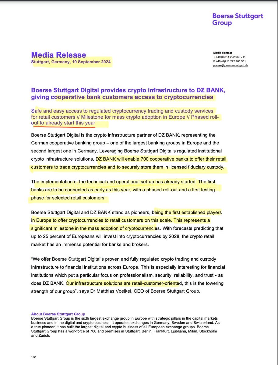 EUROPEAN BANKS ROLLING OUT REGULATED CRYPTO TRADING SERVICES FOR RETAIL  CUSTOMERS RIGHT NOW ‼️ Major announcement from DZ Bank just 8 hours ago. In  a huge step toward mass crypto adoption, DZ