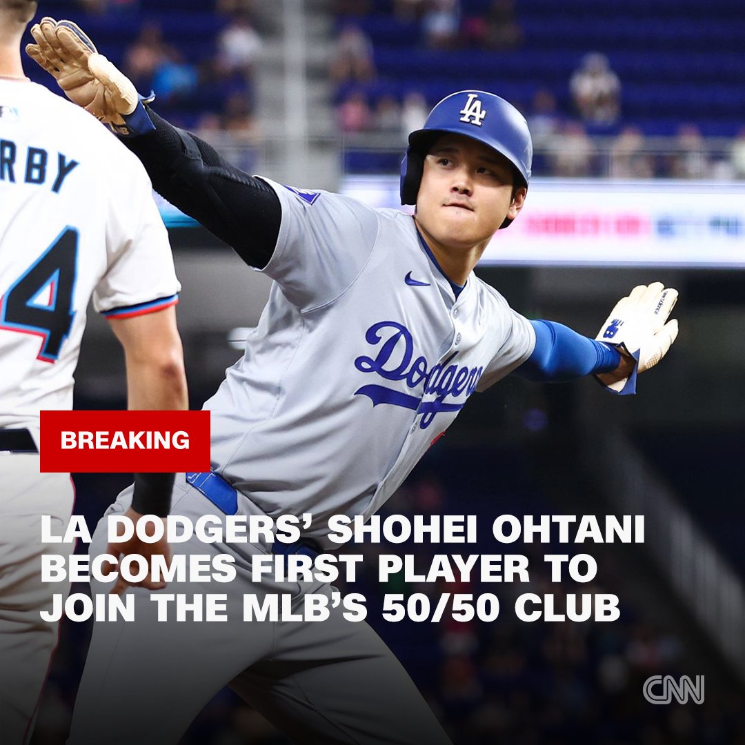 CNN's tweet photo. Los Angeles Dodgers superstar Shohei Ohtani etched his name in MLB history as the first player to join the 50-50 club, achieving 50 home runs and 50 stolen bases in a single season. https://t.co/SzKow4SwD1 https://t.co/rSbSxc1715