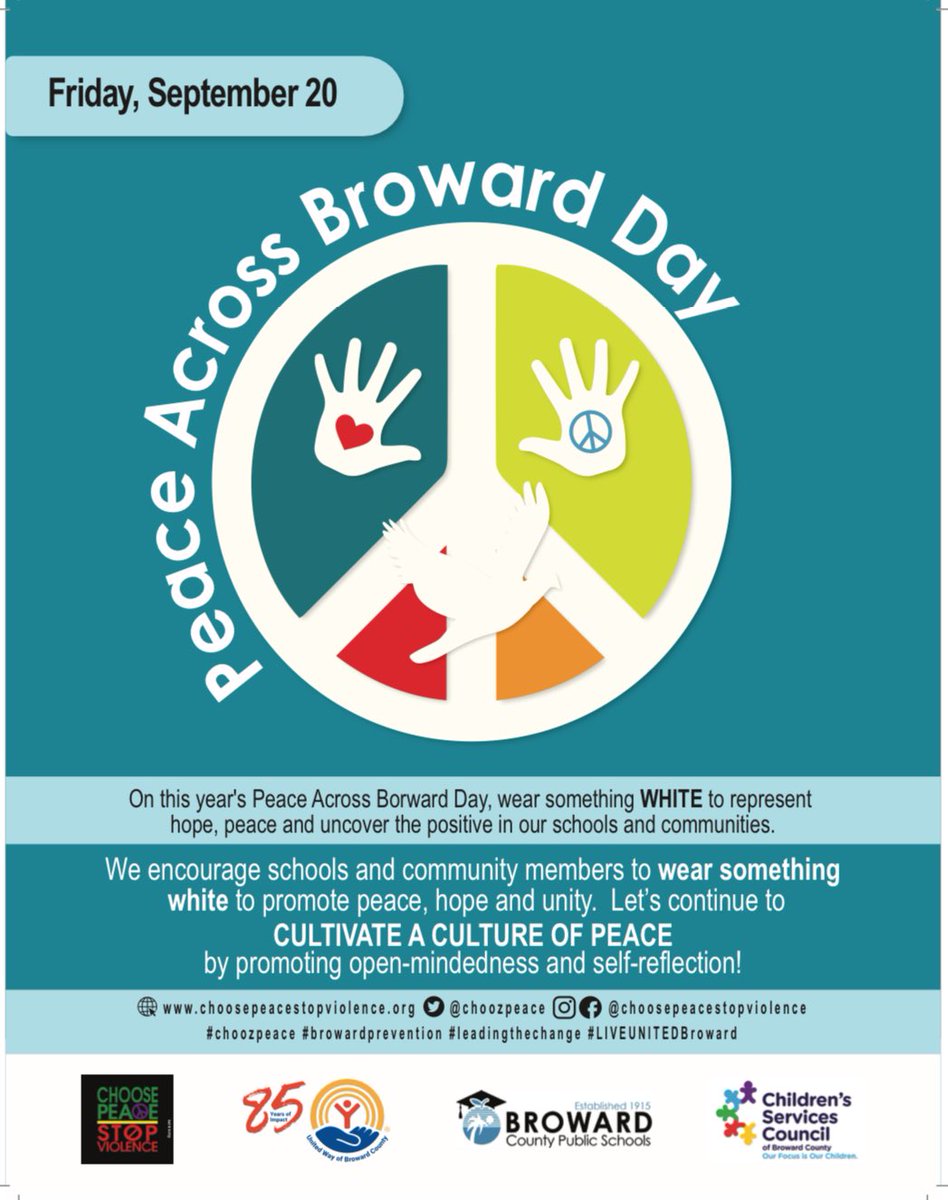 ChoozPeace (@choozpeace) on Twitter photo Tomorrow is Peace Across Broward Day. Wear WHITE in support of Peace. We are the light of Prevention. We must be intentionally present and let our lights shine. Be the change, CHOOSE Peace! <a href="/browardschools/">Broward Schools</a> <a href="/UnitedWayBC/">United Way of Broward County</a> <a href="/CSCBroward/">CSC Broward</a> #leadingthechange Tomorrow is Peace Across Broward Day. Wear WHITE in support of Peace. We are the light of Prevention. We must be intentionally present and let our lights shine. Be the change, CHOOSE Peace! <a href="/browardschools/">Broward Schools</a> <a href="/UnitedWayBC/">United Way of Broward County</a> <a href="/CSCBroward/">CSC Broward</a> #leadingthechange