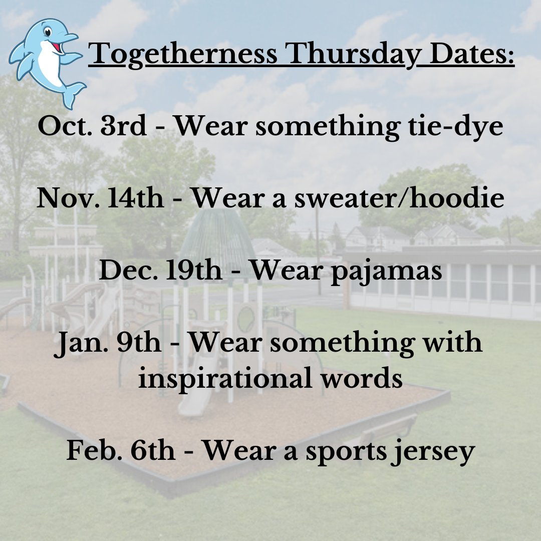 Ok dolphin fans!! Here it is - hot off the presses from yesterday's Back-to-school night! A look ahead at future Togetherness Thursdays! We'll be posting reminders as we get closer to the dates, but we wanted to share this now. Stay tuned for March - June! 💚