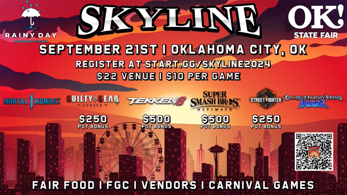 Final Call! 

Skylines at the Oklahoma State Fair has surpassed 250 entrants across all titles! 

Sign up before registration closes at 8:00am on 9/20 

start.gg/Skyline2024