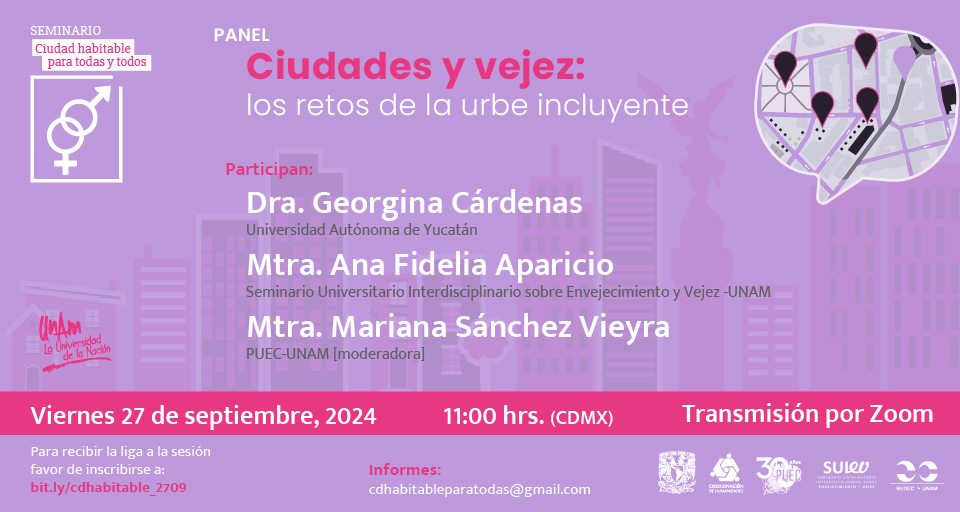 PUEC_UNAM's tweet photo. 🔖Te invitamos al panel
Ciudades y Vejez: los retos de la urbe incluyente 🌆🌃👩🏾‍🦳👵🏻👴🏽 
Participan: Georgina Cárdenas, Universidad Autónoma de Yucatán y Ana Fidelia Aparicio, @SUIEVUNAM.
📅 27 de septiembre, 11 h 
Por Zoom. ¡Regístrate! 👉https://t.co/aZr0etfePN https://t.co/6JymXqy2C0