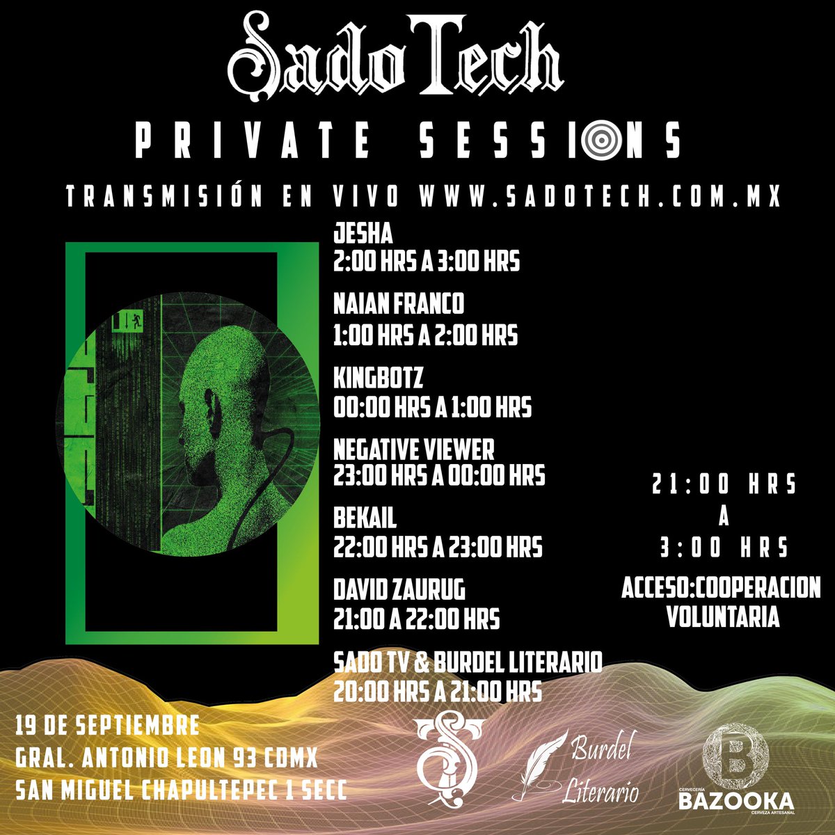 ¡Prepárate para vibrar en las sesiones privadas de SadoTech! Música y visuales que te harán debrayarte. Entrada libre para todxs. Además, de 8 a 9 pm, programa especial con Burdel Literario. Lxs esperamos en Cervecería Bazooka a las 8 pm o conéctate por YouTube. ¡SadoRavers, allá