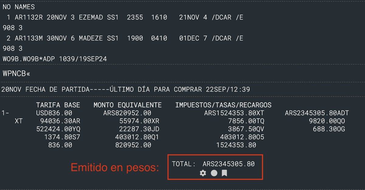 harrylpg's tweet photo. ‼️¿Porque en Despegar,  no cobran el impuesto país y la percepción de Afip y en las Agencias normales no se puede? 
✍️Lo conté muy por arriba en el tuit de hoy y vi que muchos se sorprendieron. Por eso este nuevo post.
👉No vengo aca a hablar mal de ellos, no me hace falta.

🔶El tema es así:
▪️Despegar renunció a acceder al M.U.L.C que es el Mercado Único y Libre de Cambios, o sea renuncio al dólar oficial. Esto  implica que se manejan con el dólar MEP y pueden decir que "NO cobran IMP PAIS ni RG”. En la practica pesifican tu compra en dólares al cambio MEP que ,hoy 19/sep, ronda los $ 1200, casi lo mismo que el dólar Blue, o libre.

🟡Es decir que venden, hoy, a un dólar de $ 1200 y NO AL DOLAR OFICIAL como muchos creen que están comprando. Este te diría que podría ser un pequeño "engaño".

🟢🔴Pros y Contras si compras con esta metodología: 
No hay mucha diferencia, estas son las básicas. 

👍A favor tuyo:
👉Podes pagar con tarjeta en pesos, al costo del dólar Blue o libre.

👎En contra tuyo:
👉Si queres descontar esos impuestos, no podes porque, obviamente no los pagaste. En general las empresas compran así, porque descargan estos costos.

✍️Todo lo demás, es a favor de despegar porque  legalmente no pagan los impuestos que las Agencias de Viajes si pagamos si vendemos en pesos.

🎞️En el ejemplo que hoy, tomando la misma reserva a Madrid en dólares y en pesos en mi agencia y en la online, se nota que la diferencia no existe y que sigue conviniéndoles pagar en dólares porque ahi si, la diferencia es mucha.