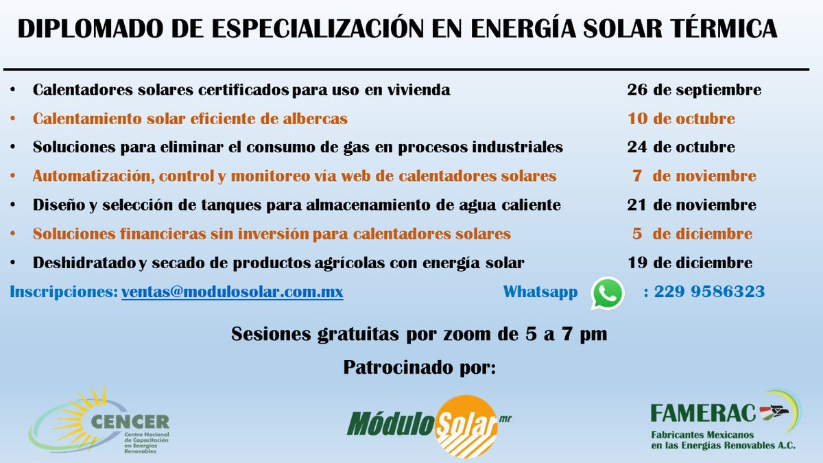 Modulo Solar (@modulo_solar) on Twitter photo Inscribete a nuestro diplomado virtual en energía solar térmica. ¡Sesiones gratuitas cada 15 días!
<a href="/anes_oficial/">ANES</a> <a href="/ConueeSolar/">Conuee Solar</a> <a href="/HeatChangers/">Heat Changers</a> <a href="/matters_mx/">Marisol Oropeza</a> Inscribete a nuestro diplomado virtual en energía solar térmica. ¡Sesiones gratuitas cada 15 días!
<a href="/anes_oficial/">ANES</a> <a href="/ConueeSolar/">Conuee Solar</a> <a href="/HeatChangers/">Heat Changers</a> <a href="/matters_mx/">Marisol Oropeza</a>