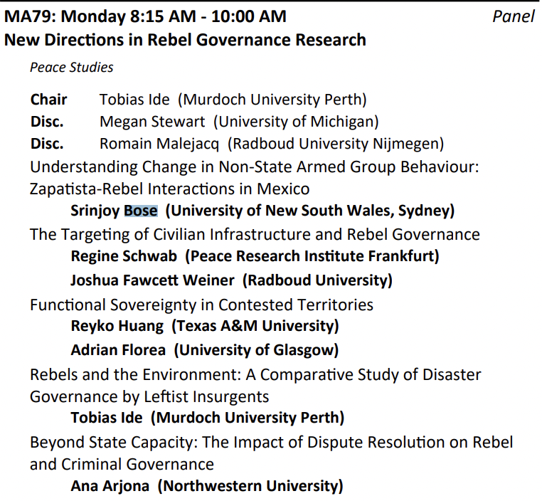 SrinjoyBose83's tweet photo. These panels on #RebelGovernance are going to be terrific and hella fun. Join us. #ISA2025. @rsen02 @Megan_A_Stewart @KeshabGiri_ @afghanopoly @reginesonja @adrianflorea13 @punamy @HuangReyko https://t.co/SsufPdi3U6