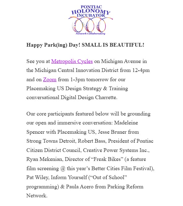 holonomyinc's tweet image. 8th Annual @parkingday "Detroit to Pontiac" @ @MetropolisDet 12-4pm &amp;amp; in @designcoredet  #detroitmonthofdesign @UNESCO Detroit City of Design &amp;amp; yearlong @UN @WorldCreativity Digital Design Charrette 4.21.2024-4.21.2025  phinco.org/parkingday24 cc: @digitallearning @EdReimagined