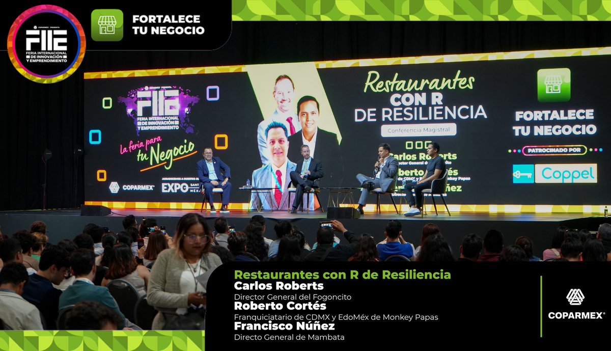🍽️ “Restaurantes con R de Resiliencia” nos ofreció una visión inspiradora sobre cómo superar los obstáculos en el sector restaurantero. 🚀 Carlos Roberts, Director General del <a href="/Fogoncito/">El Fogoncito</a>, Roberto Cortés, Franquiciatario de CDMX y EdoMéx de <a href="/monkey_papas/">Monkey Papas 🐒</a> y Francisco Núñez,