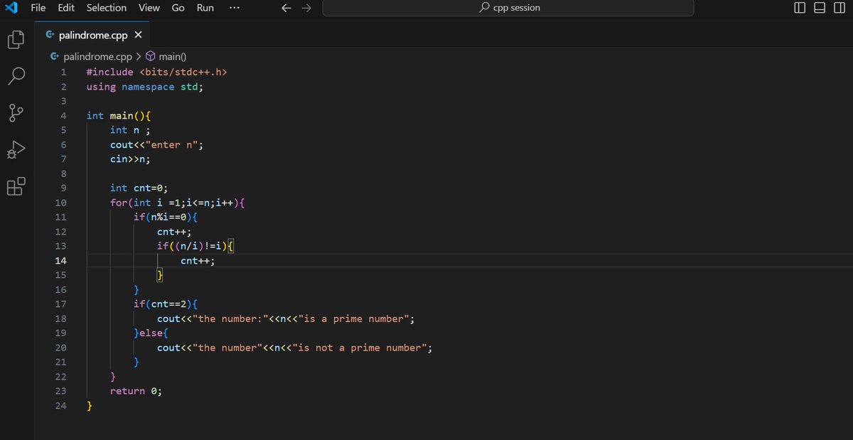 YashikaCha83487's tweet image. #namespace #25daysofcode 
day 11
today I did 
1. to check whether  number is palindrome or not
2. to check if it is prime or not 
lastly thanks to decentraclasses and @pranavbarthwal_ bhaiya for cool and lovely stickers
#decentraclasses