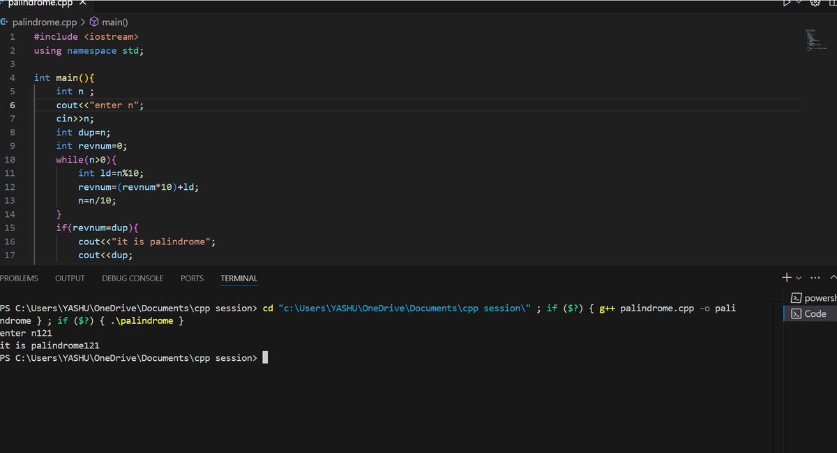 YashikaCha83487's tweet image. #namespace #25daysofcode 
day 11
today I did 
1. to check whether  number is palindrome or not
2. to check if it is prime or not 
lastly thanks to decentraclasses and @pranavbarthwal_ bhaiya for cool and lovely stickers
#decentraclasses