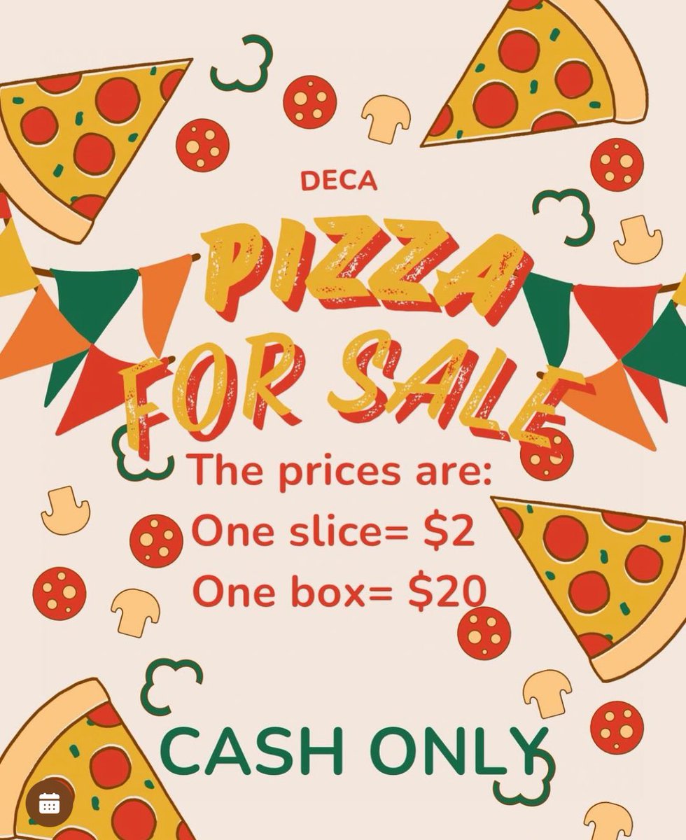 Help support DECA tomorrow during Fun Food Friday. We will have hot🔥🔥🔥 Marco’s Pizza for $2 per slice or $20 per whole pie. 🍕🍕🍕 We appreciate your support and look forward to seeing you tomorrow!!!