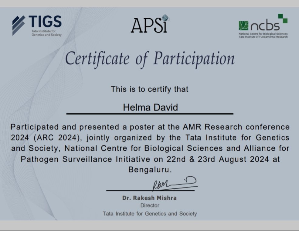 Helma David (@helma_david97) on Twitter photo Honored to have participated in the ARC2024 AMR conference hosted by TIGS, NCBS, and APSI. Grateful for the opportunity to exchange knowledge & collaborate on addressing antimicrobial resistance through innovation & research.<a href="/NCBS_Bangalore/">National Centre for Biological Sciences</a> <a href="/TIGS_India/">Tata Institute for Genetics and Society, India</a> <a href="/QSL_SASTRA/">Quorum Sensing Lab @ SASTRA</a> <a href="/Solomon_qsl/">Adline Princy Solomon</a> Honored to have participated in the ARC2024 AMR conference hosted by TIGS, NCBS, and APSI. Grateful for the opportunity to exchange knowledge & collaborate on addressing antimicrobial resistance through innovation & research.<a href="/NCBS_Bangalore/">National Centre for Biological Sciences</a> <a href="/TIGS_India/">Tata Institute for Genetics and Society, India</a> <a href="/QSL_SASTRA/">Quorum Sensing Lab @ SASTRA</a> <a href="/Solomon_qsl/">Adline Princy Solomon</a>