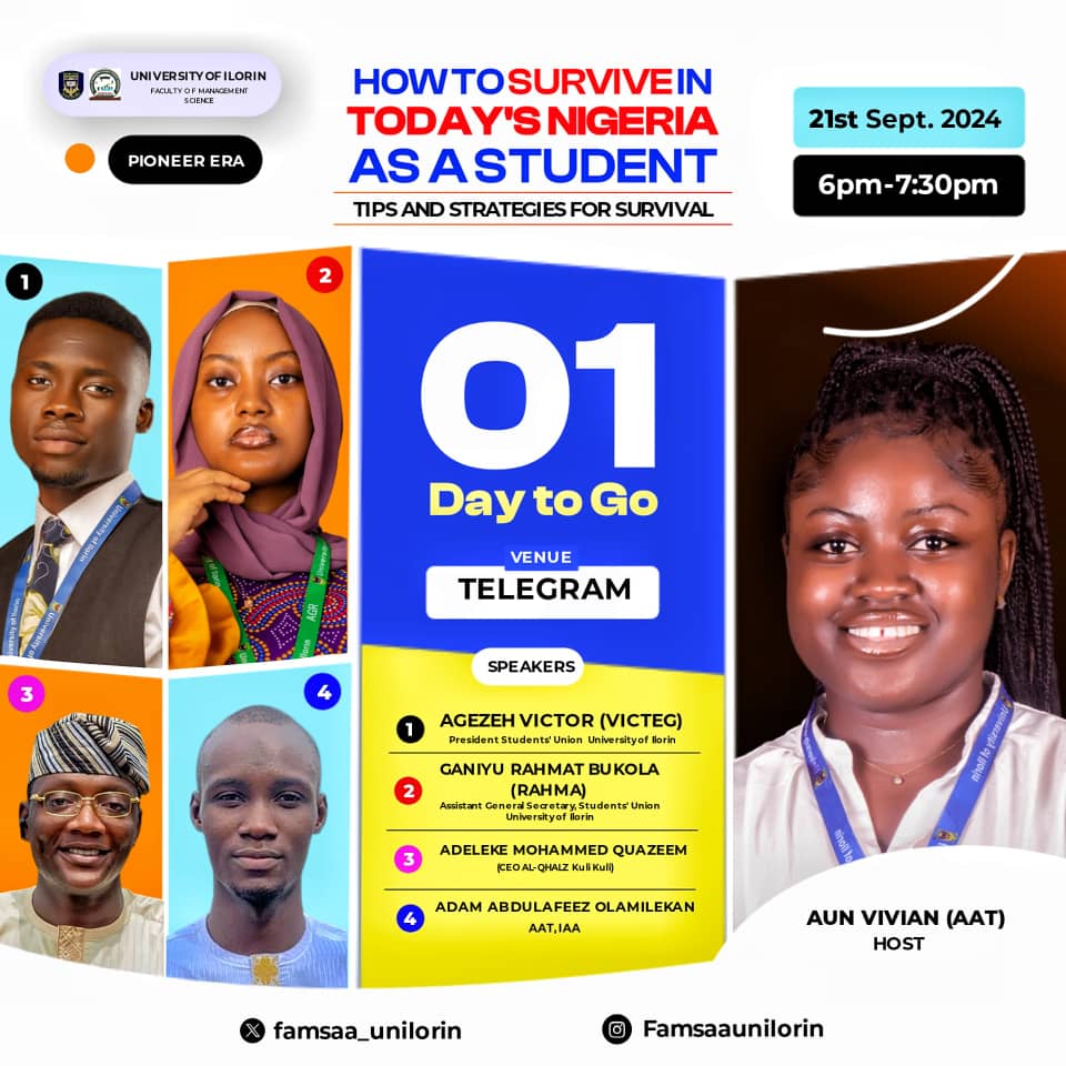 ALQHALZ_PR's tweet photo. Here's an opportunity to gain valuable insights from experts on "HOW TO SURVIVE IN TODAY'S NIGERIA AS A STUDENT"

You can't afford to this. 
Happening tomorrow.🔥🚀
Click the link below to join.👇🏼
https://t.co/7MmfHDrlR3

#FAMSSA
#PioneerLedEra 
#Leadership
#StudentEmpowerment https://t.co/hNwwFOmXUL