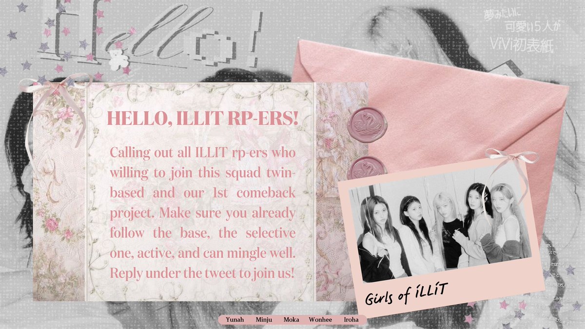 the bells are ringing, calling out all illit rp-ers and squad to gather around and join our 1st comeback project. if you’re one of them, let’s come home and celebrate with us. we’re also looking for squads and oa to be friends with us. a re-post will be highly appreciated! ⚘