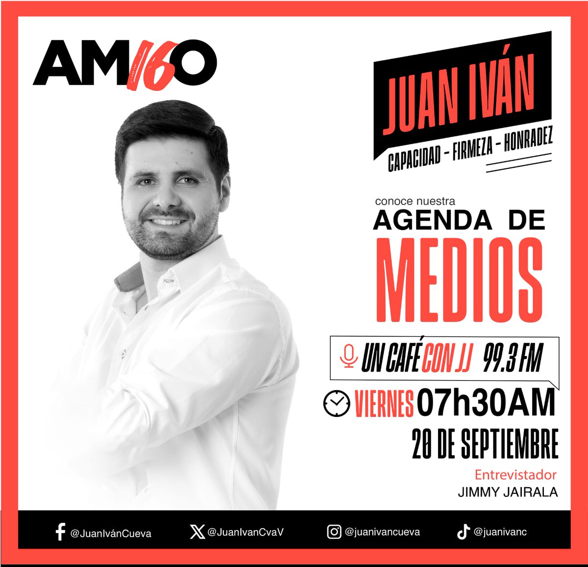 #EnMedios 📻🎙️|Mañana estaré junto a <a href="/jimmyjairala/">Jimmy Jairala</a> en su programa, Un café con JJ. Hablaremos sobre mi plan de trabajo. ¡Acompáñame! 😉
#JuanIvanCueva  #SomosElCambio  #ElOutsider