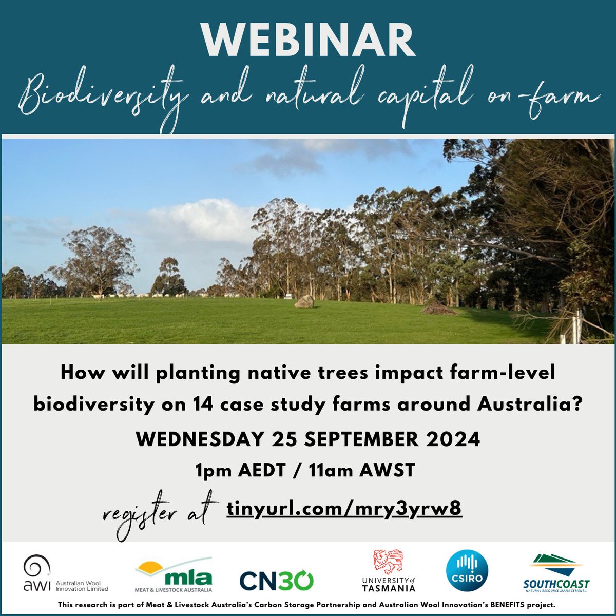 South Coast NRM (@southcoastnrm) on Twitter photo Join us online next Wednesday for the first tranche of results from farm systems modelling as part of <a href="/meatlivestock/">Meat & Livestock Australia</a> and <a href="/woolinnovation/">Australian Wool Innovation</a> funded research on reducing emissions & improving natural capital.
Register at tinyurl.com/mry3yrw8 Join us online next Wednesday for the first tranche of results from farm systems modelling as part of <a href="/meatlivestock/">Meat & Livestock Australia</a> and <a href="/woolinnovation/">Australian Wool Innovation</a> funded research on reducing emissions & improving natural capital.
Register at tinyurl.com/mry3yrw8