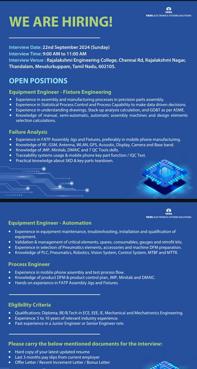 mahebodi's tweet photo. #JobAlert_Vacancy
TATA ELECTRONICS, WALK-IN https://t.co/Ojgr7dGHMg