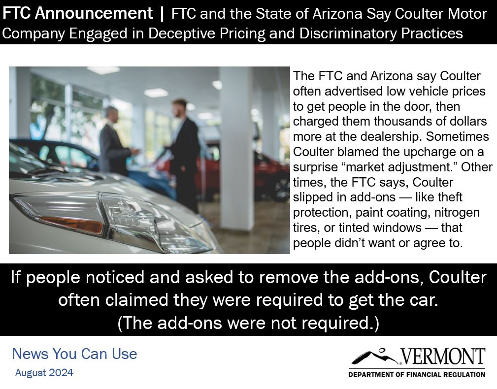 VermontDFR's tweet image. The signs of a bad car-buying experience? Things like misleading ads, bogus fees and discriminatory practices. The FTC and Arizona AG allege that Coulter Motor Company — which operates dealerships in Arizona — engage in many of these practices. ow.ly/22Ma50Totx0 #AutoAddons